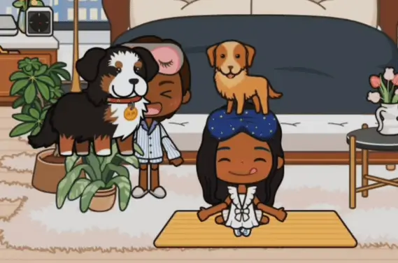 Miga World APK Featured Image. Recently woke up Miga world characters playing with two Dogs